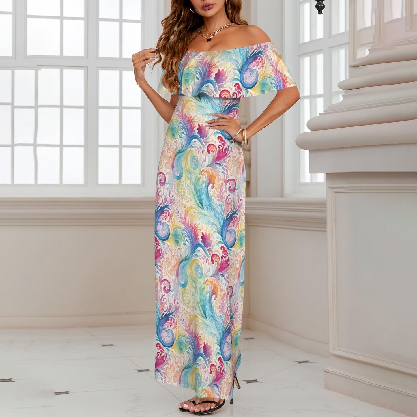 Pastel Rainbow Paisley Women's Off Shoulder Ruffle Boat Neck Dress (Model D71)
