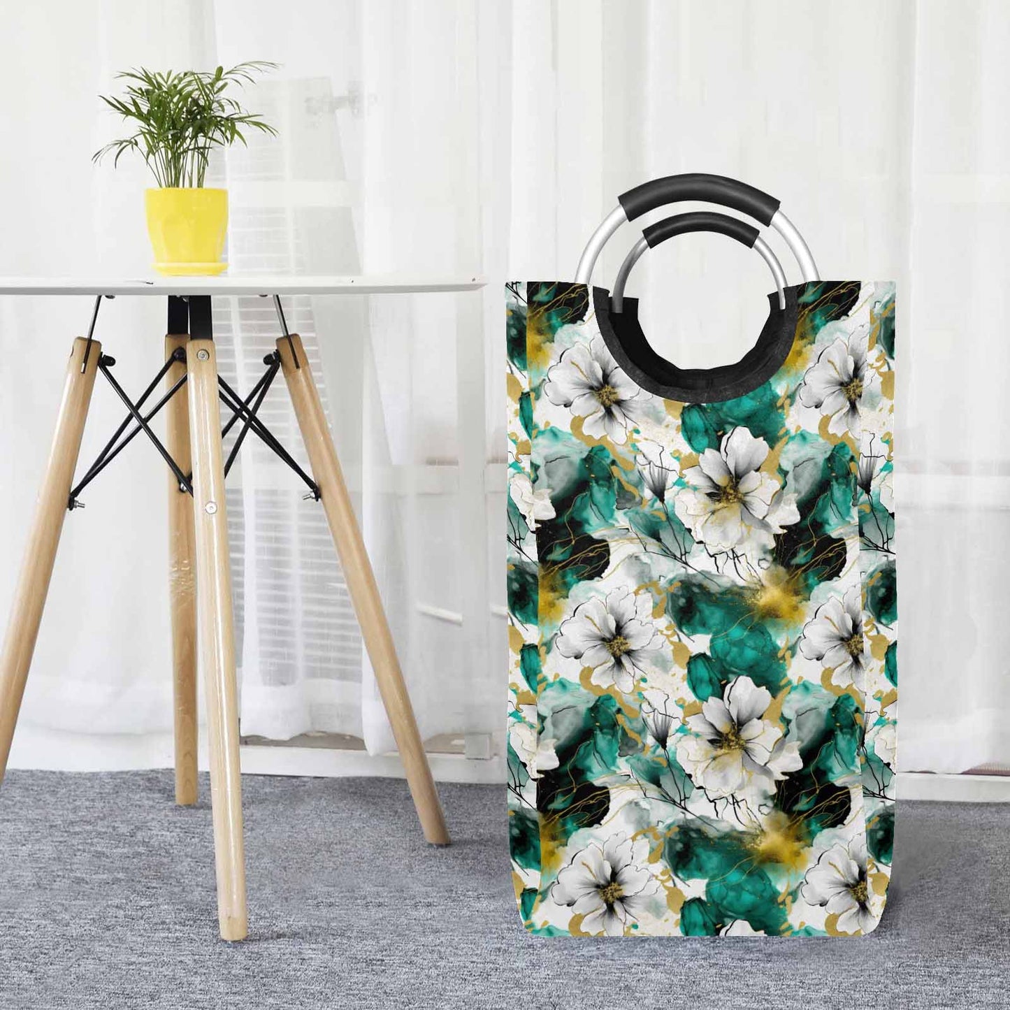 Green and White Ink Floral  Square Laundry Basket