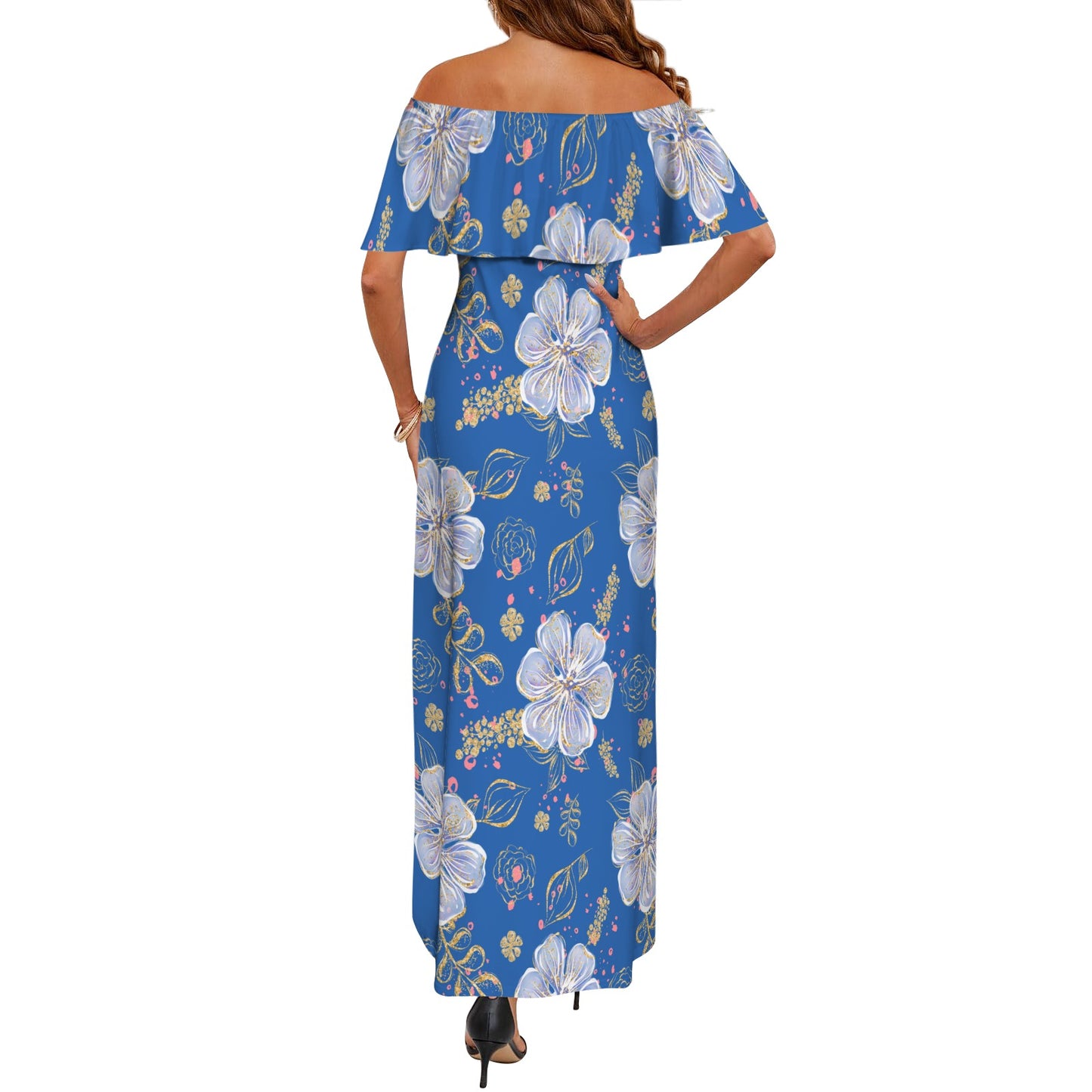 Blue Floral Women's Off Shoulder Ruffle Boat Neck Dress (Model D71)