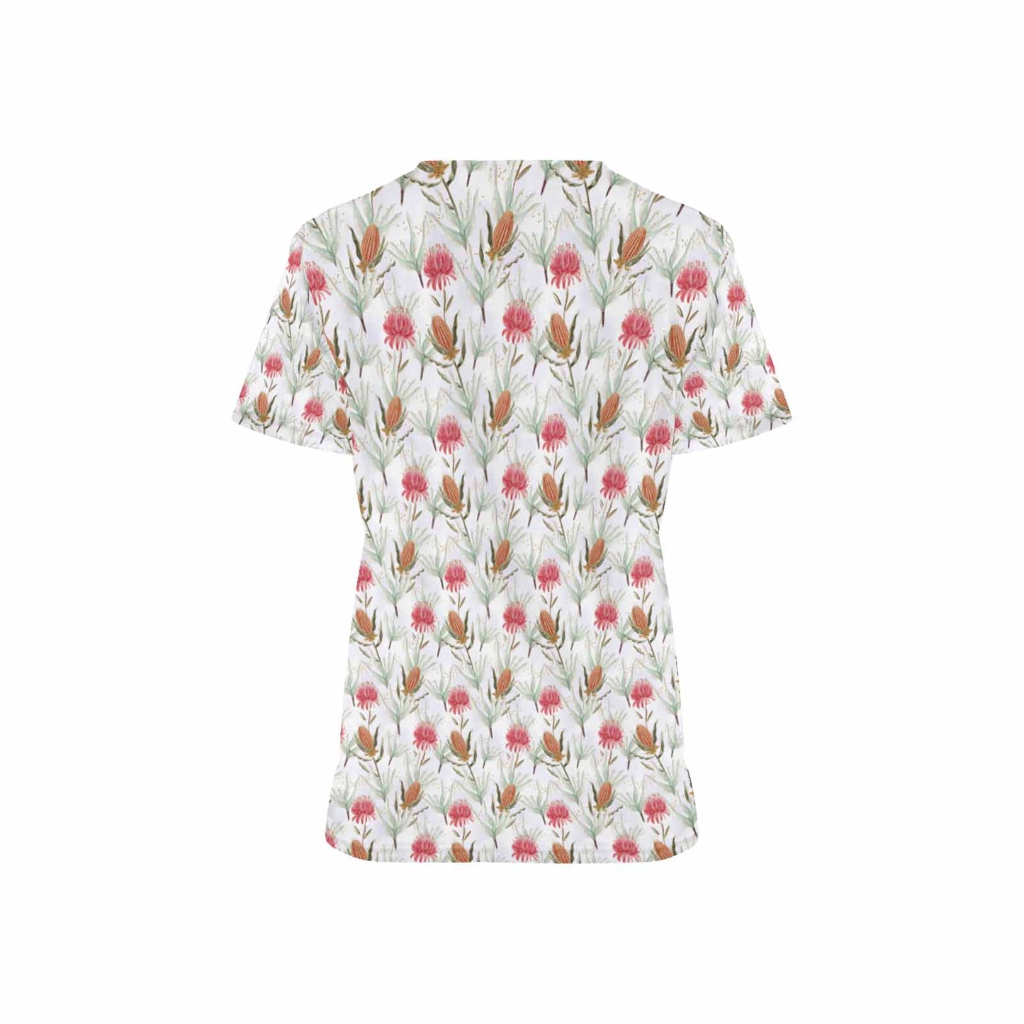 Australian Floral Protea Women's V Neck Scrub Top Nurse Uniform with Deep Front Pockets