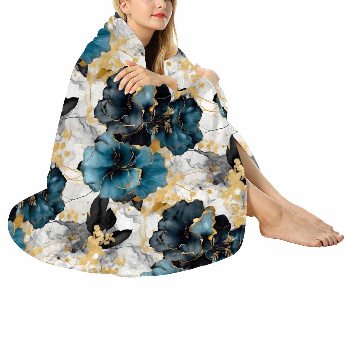 Blue & Gold Ink Floral  Circular Micro Fleece Blanket 60"