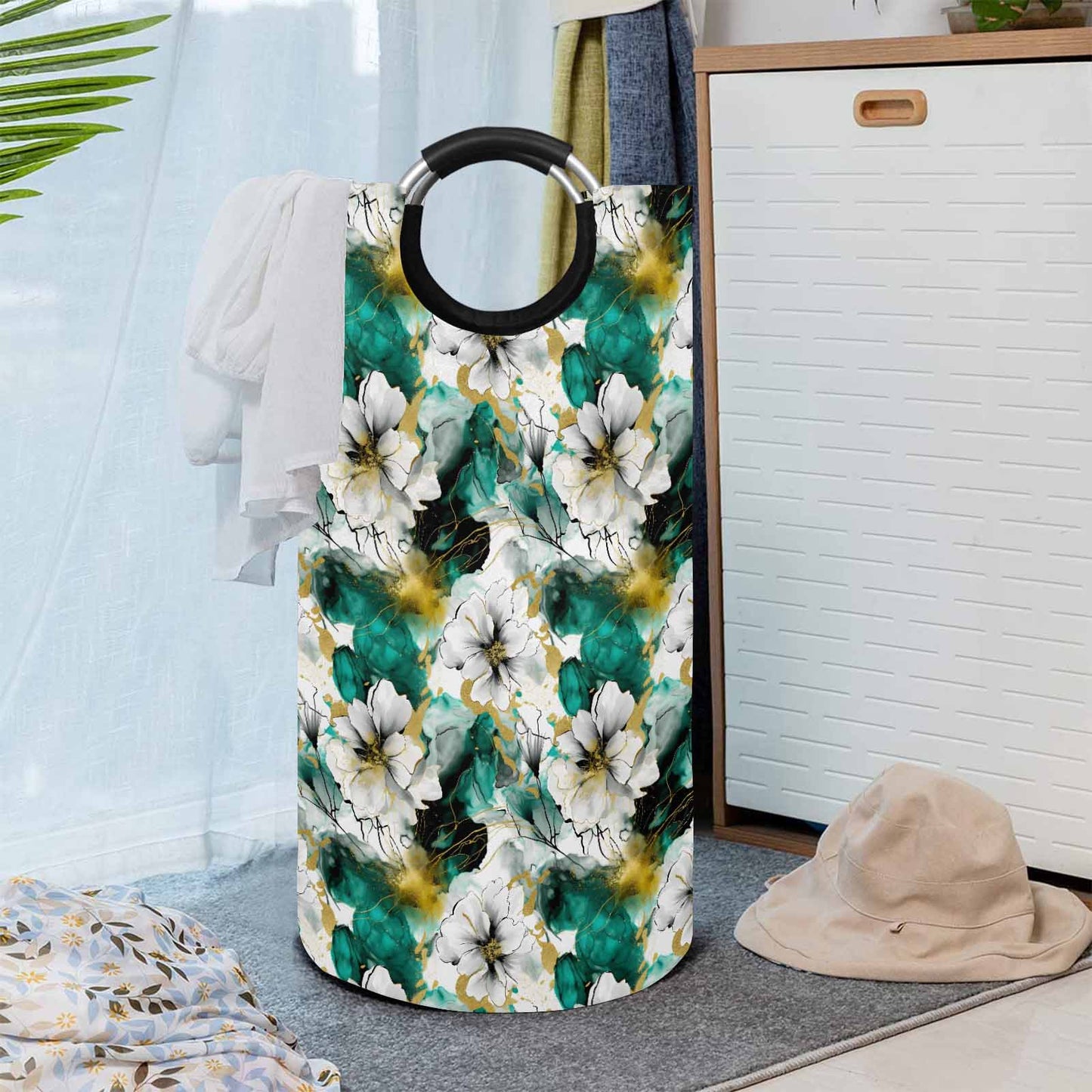 Green and White Ink Floral  Round Laundry Basket