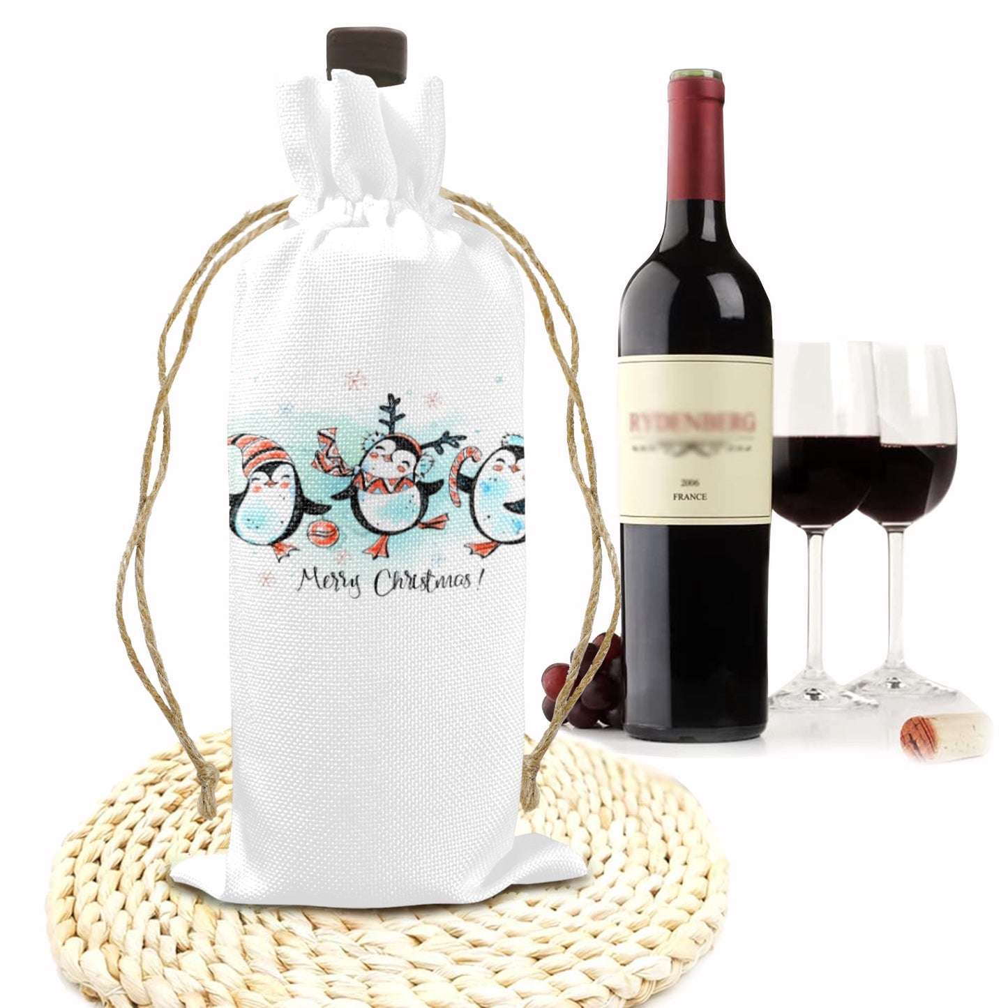 Merry Christmas Whimsical Penguins Linen Wine Bottle Bag