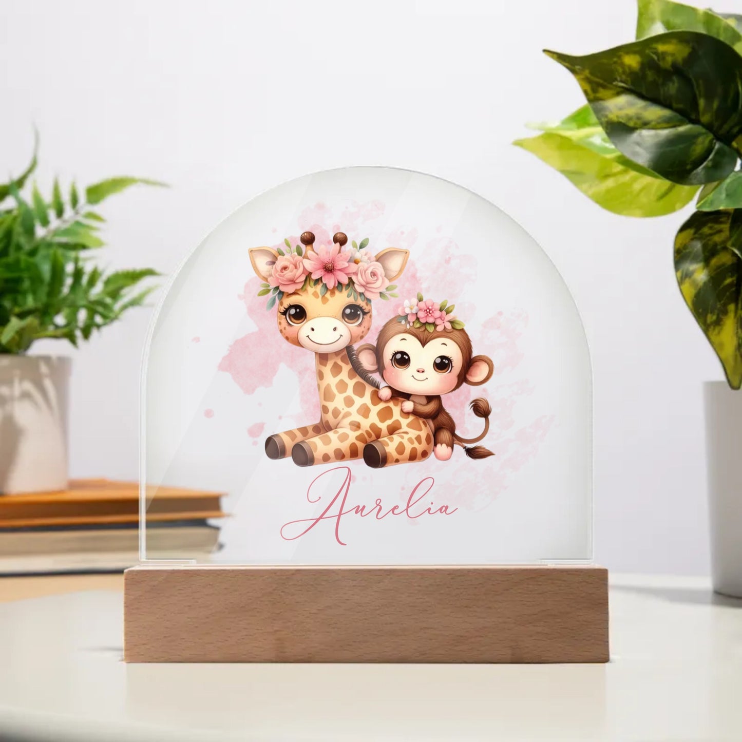 Personalised Giraffe and Monkey Acrylic Dome Plaque Wooden Base Night Light