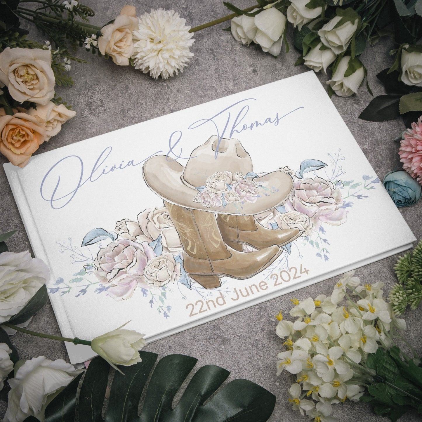 Rectangle Wedding Guest Book, Country and Western, Boots, Personalised