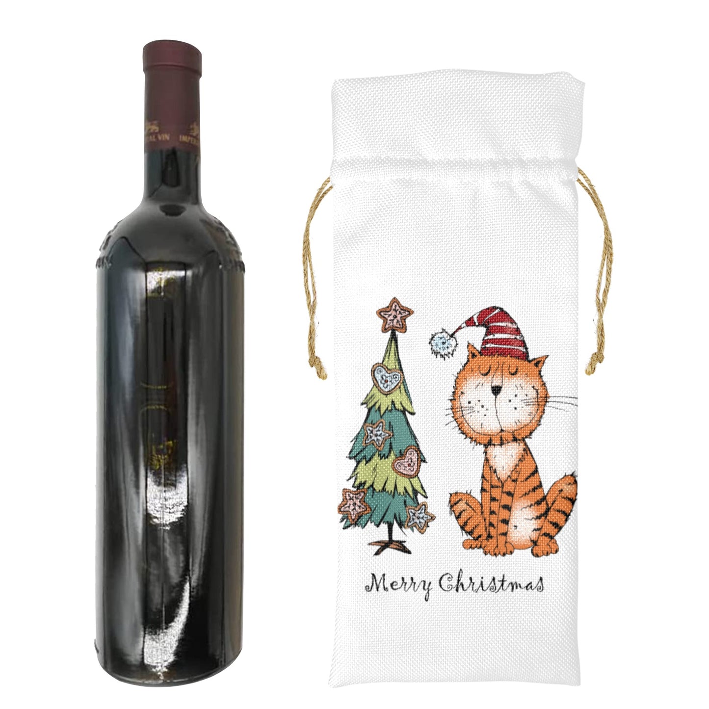 Merry Christmas Whimsical Cat Linen Wine Bottle Bag