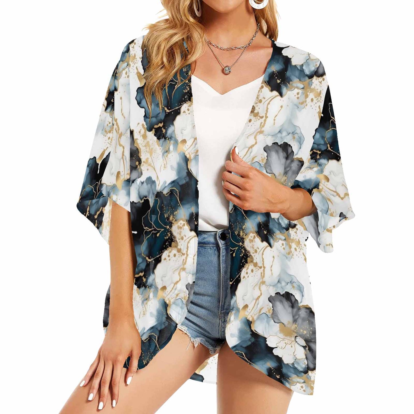 Black Ink Floral  Women's Kimono Chiffon Cover Up