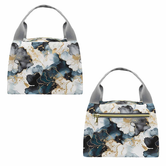 Black Ink Floral  Portable Lunch Bag-Grey Handle