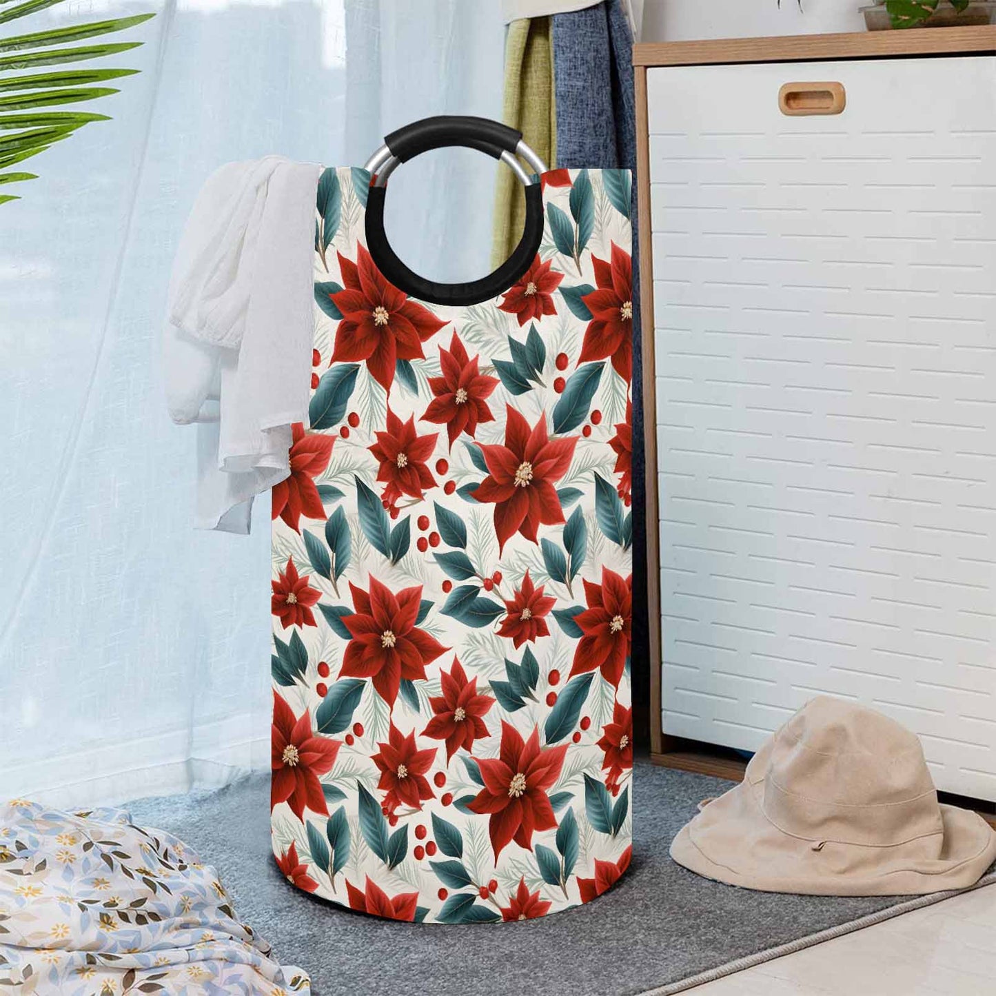 Christmas Red Poinsettia  Round Laundry Basket