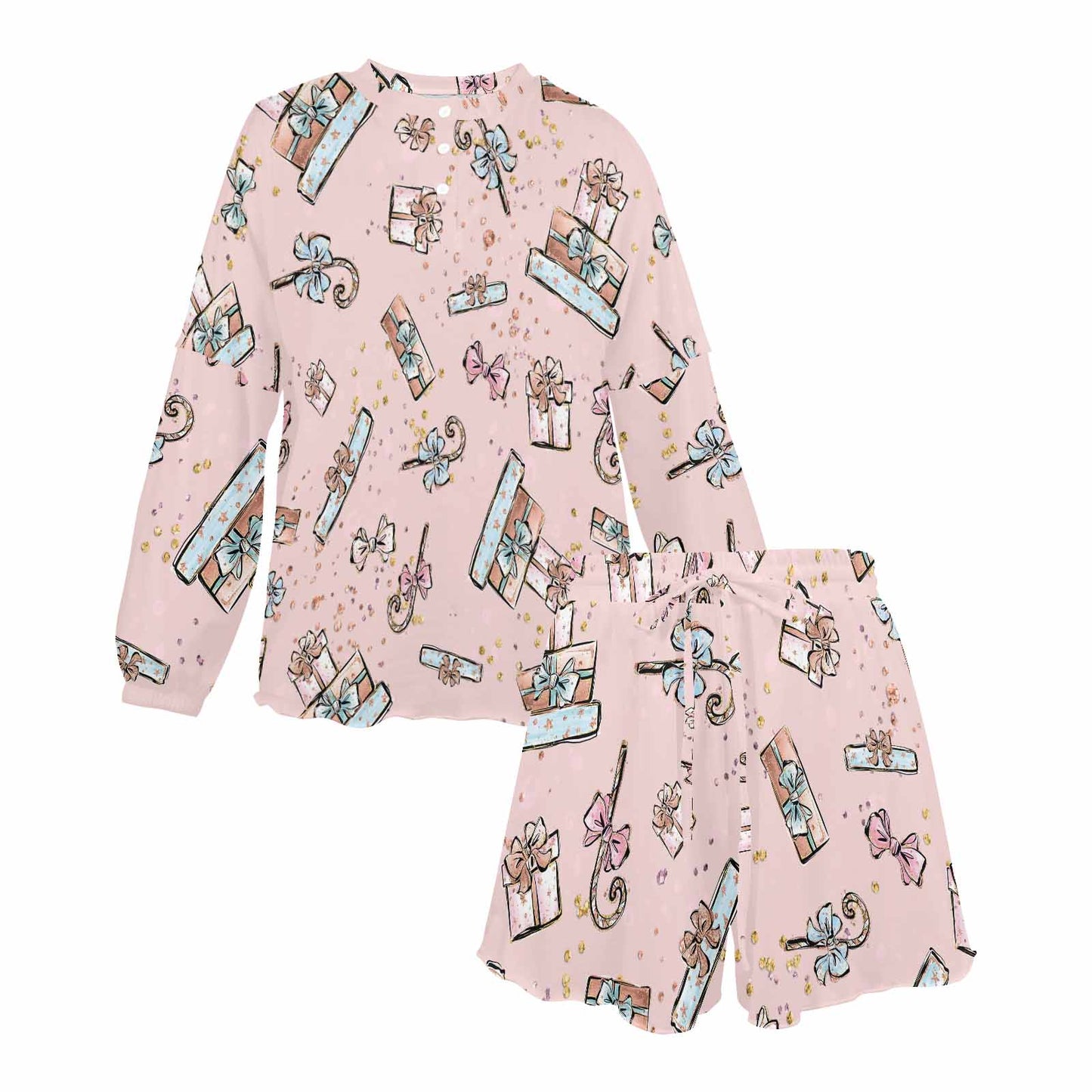 Pink Christmas  Women's Long Sleeve Pajama Set with Shorts