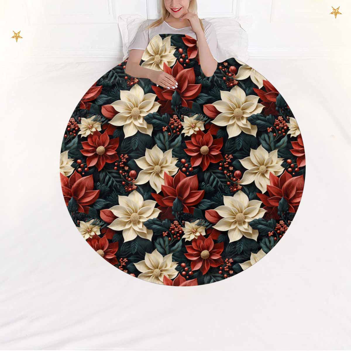 Red Poinsettia  Circular Micro Fleece Blanket 47"