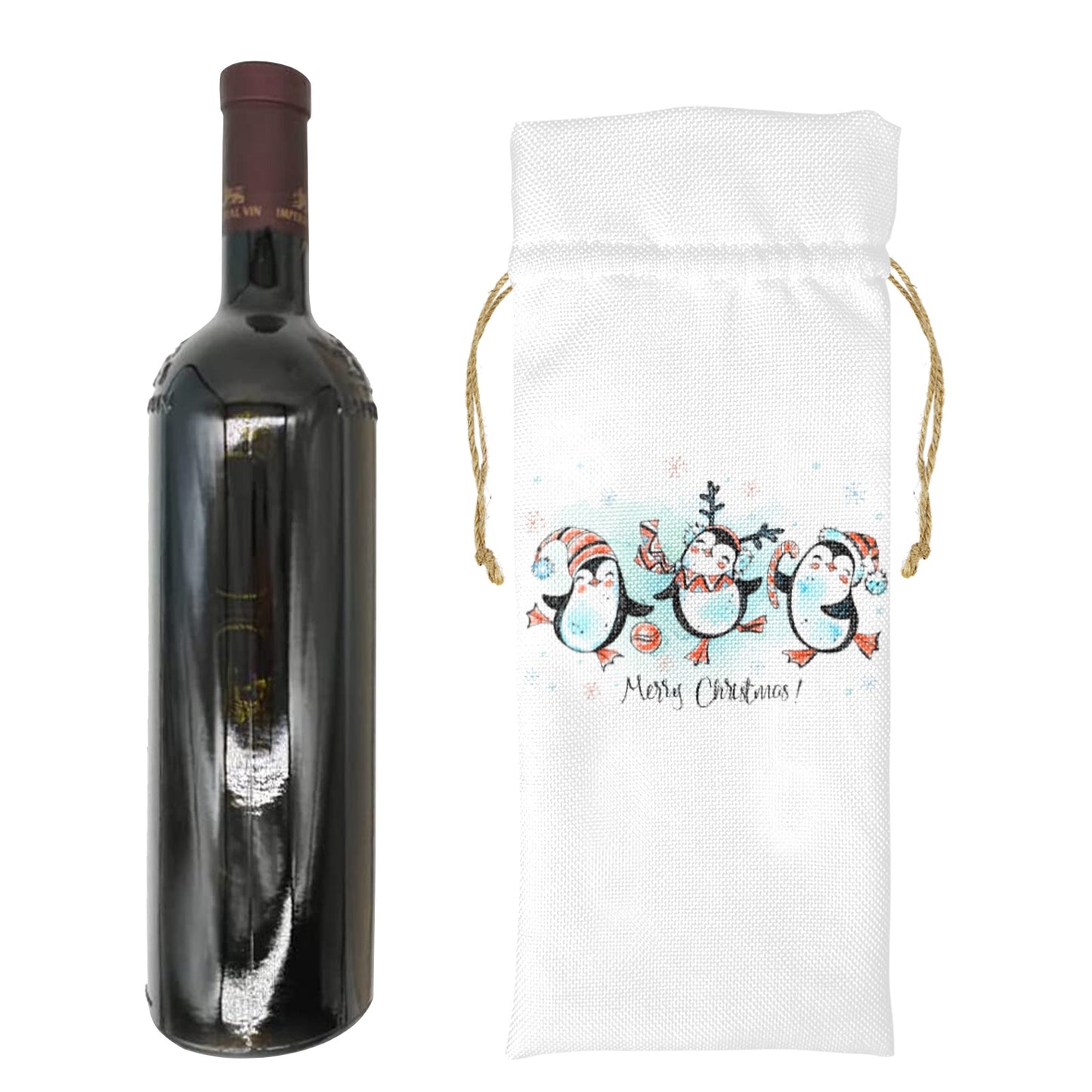 Merry Christmas Whimsical Penguins Linen Wine Bottle Bag