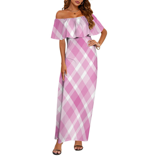 Seamless Pink Christmas-1 Women's Off Shoulder Ruffle Boat Neck Dress (Model D71)