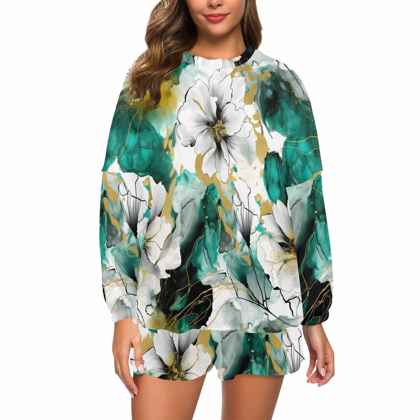 Green and White Ink Floral Women's Long Sleeve Pajama Set with Shorts