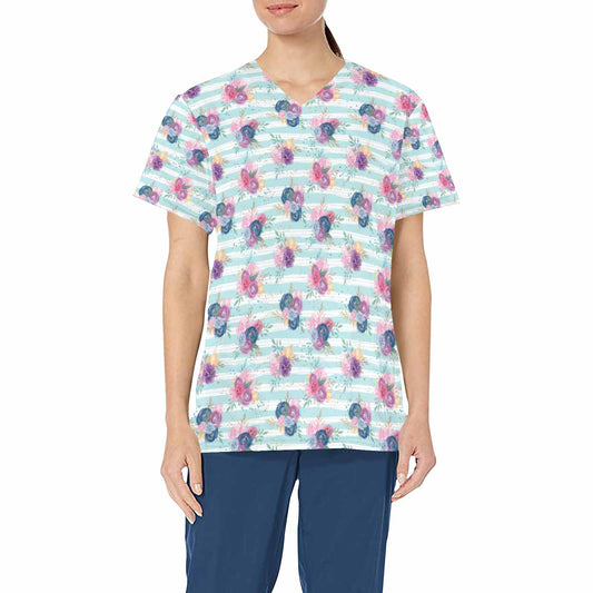 Blue Candy Stripe Roses  Women's V Neck Scrub Top Nurse Uniform with Deep Front Pockets