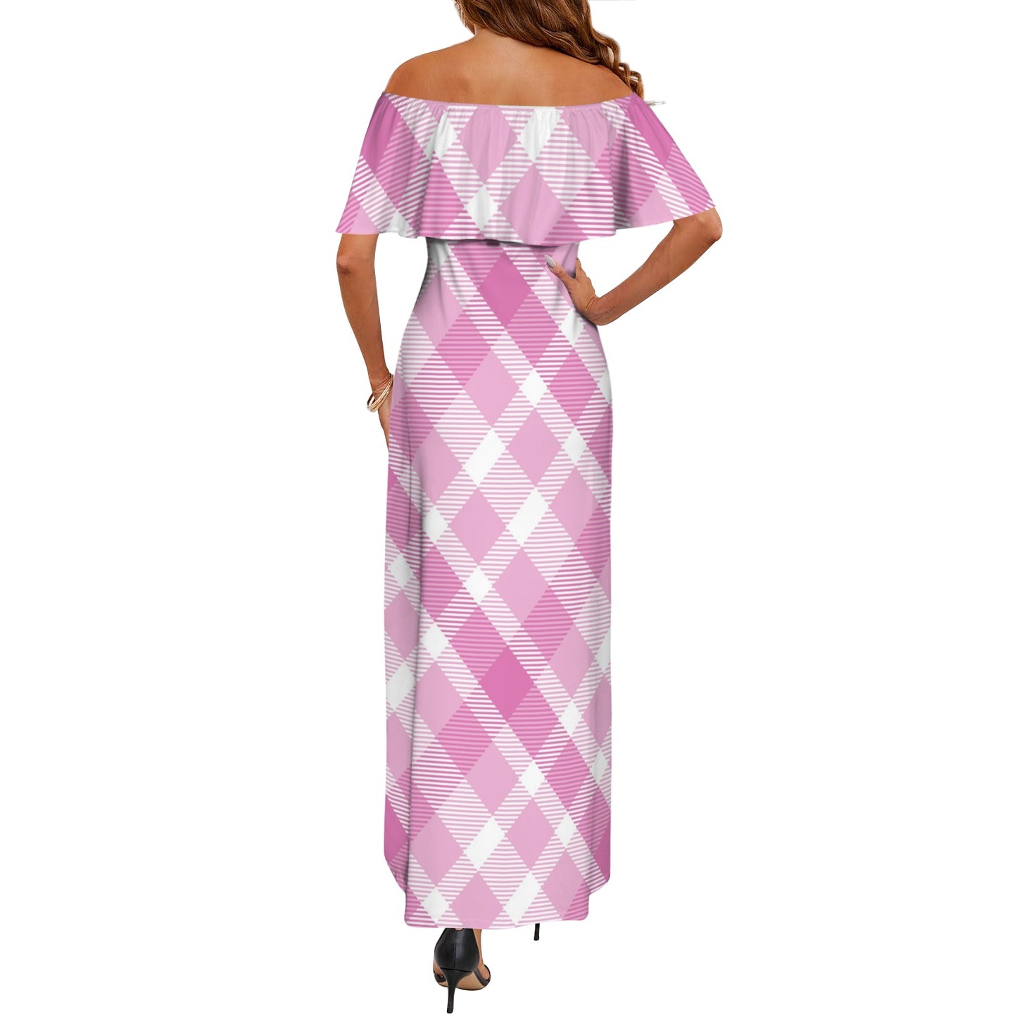 Seamless Pink Christmas-1 Women's Off Shoulder Ruffle Boat Neck Dress (Model D71)