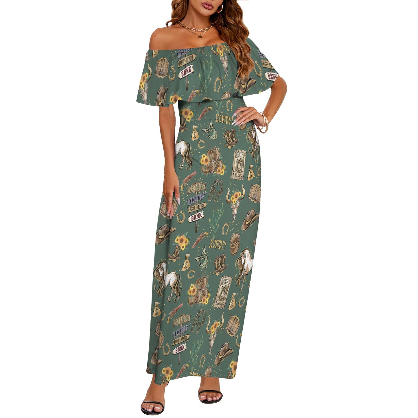 Howdy Cowboy Green Women's Off Shoulder Ruffle Boat Neck Dress (Model D71)