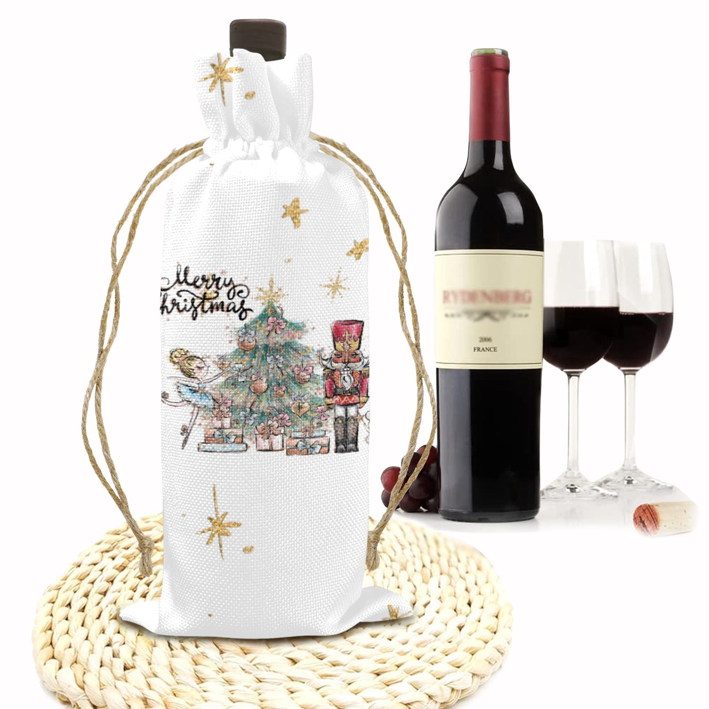 Merry Christmas Nutcracker Sugar Plum Fairy Linen Wine Bottle Bag