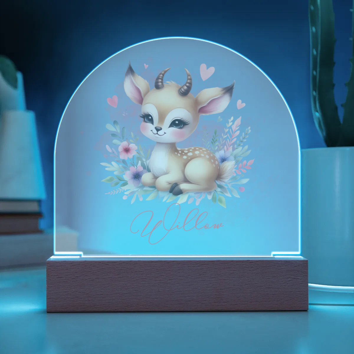 Personalised Deer Acrylic Dome Plaque Wooden Base Night Light