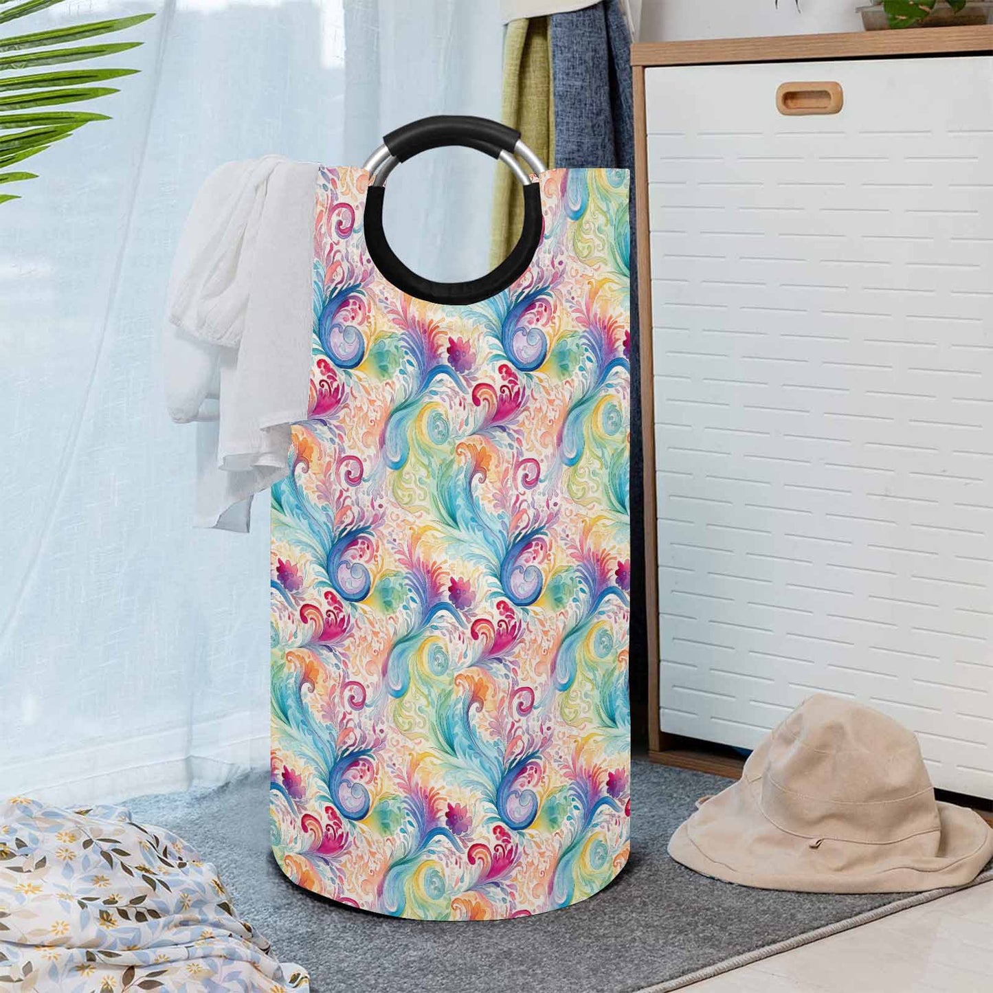 Pastel Rainbow Paisley  Round Laundry Basket