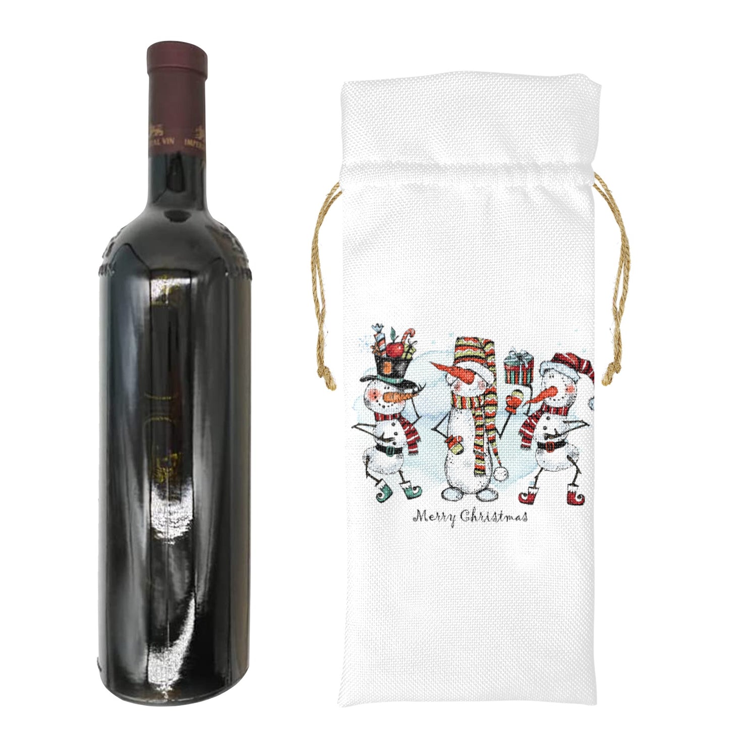 Merry Christmas Whimsical Snowmen Linen Wine Bottle Bag