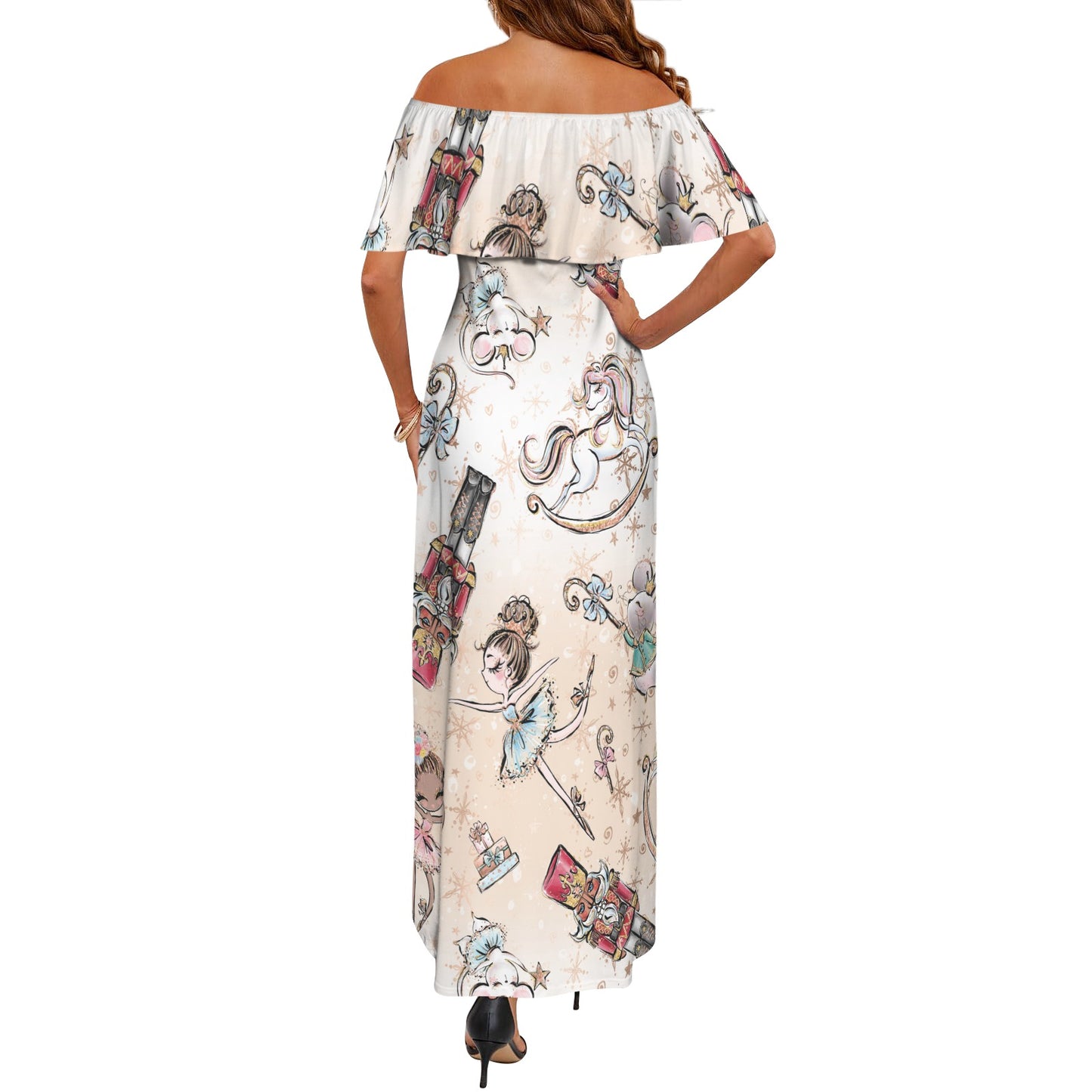 Nutcracker Women's Off Shoulder Ruffle Boat Neck Dress (Model D71)