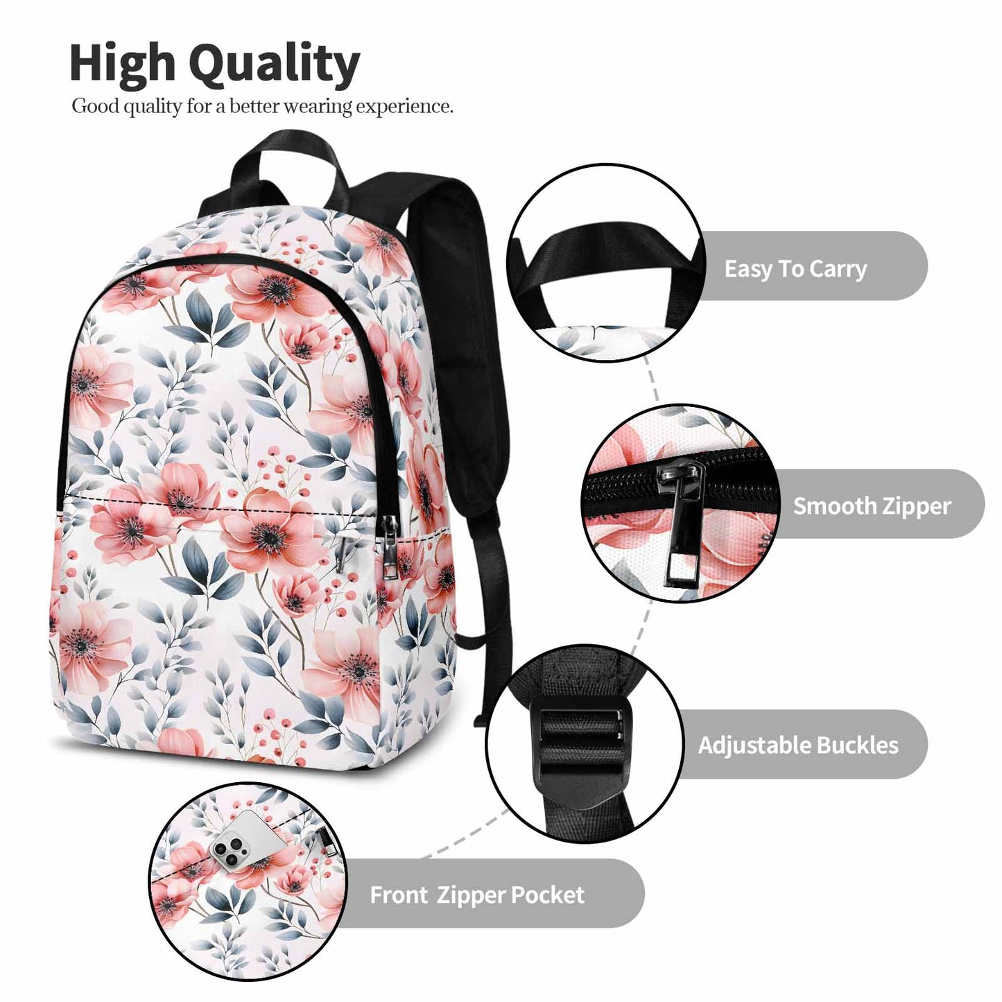 Apricot and Grey Floral  Adult Casual Backpack