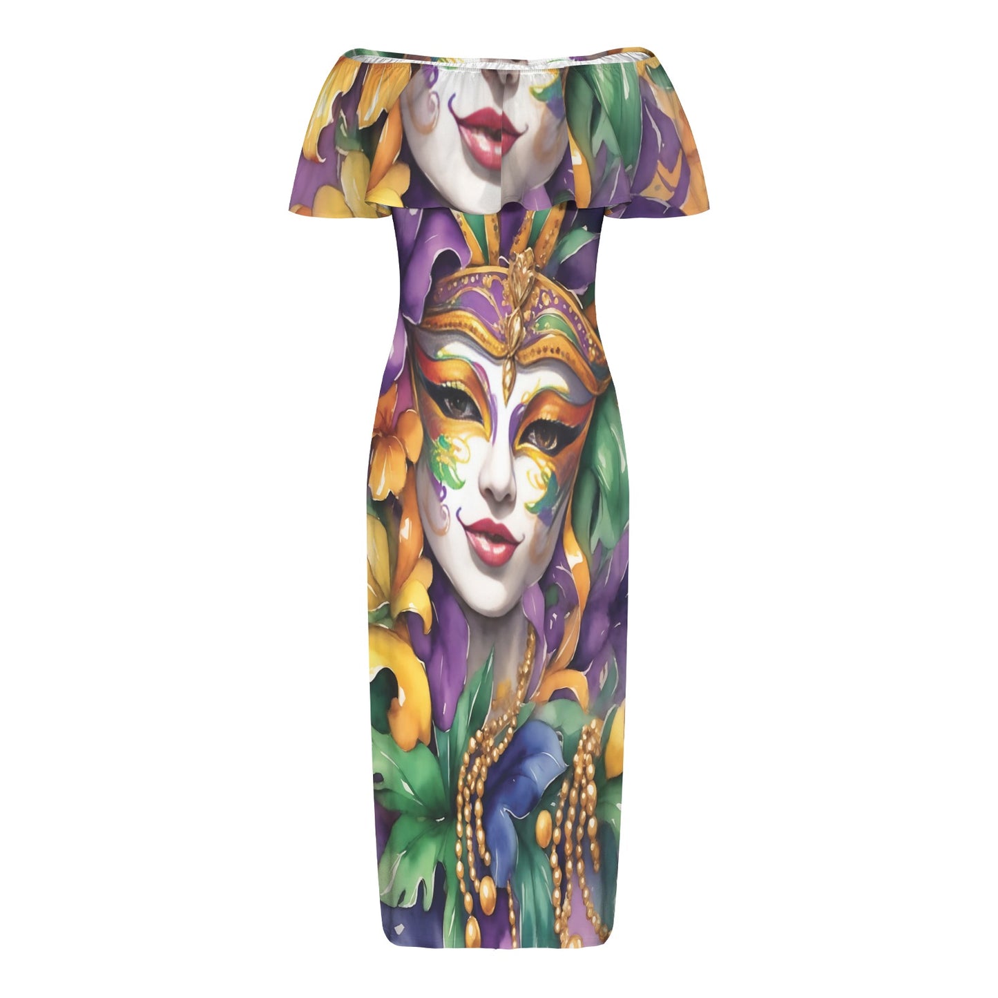 Mardi Gras awd442 Women's Off Shoulder Ruffle Boat Neck Dress (Model D71)