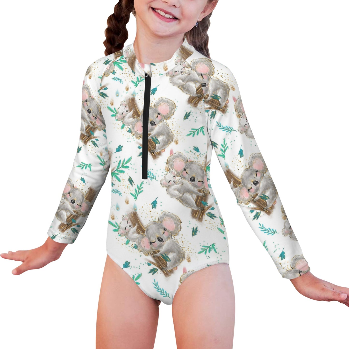 Australian Animals Koala Little Girls' Long Sleeve One-Piece Swimsuit (Model S61)