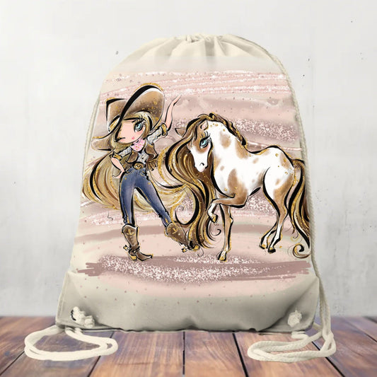 Canvas Drawstring Backpack Bag, Cowgirl and Horse, 31x40cm