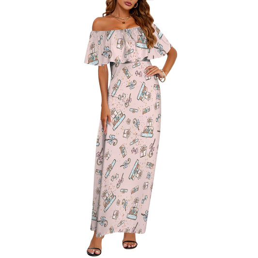 Pink Christmas Women's Off Shoulder Ruffle Boat Neck Dress (Model D71)