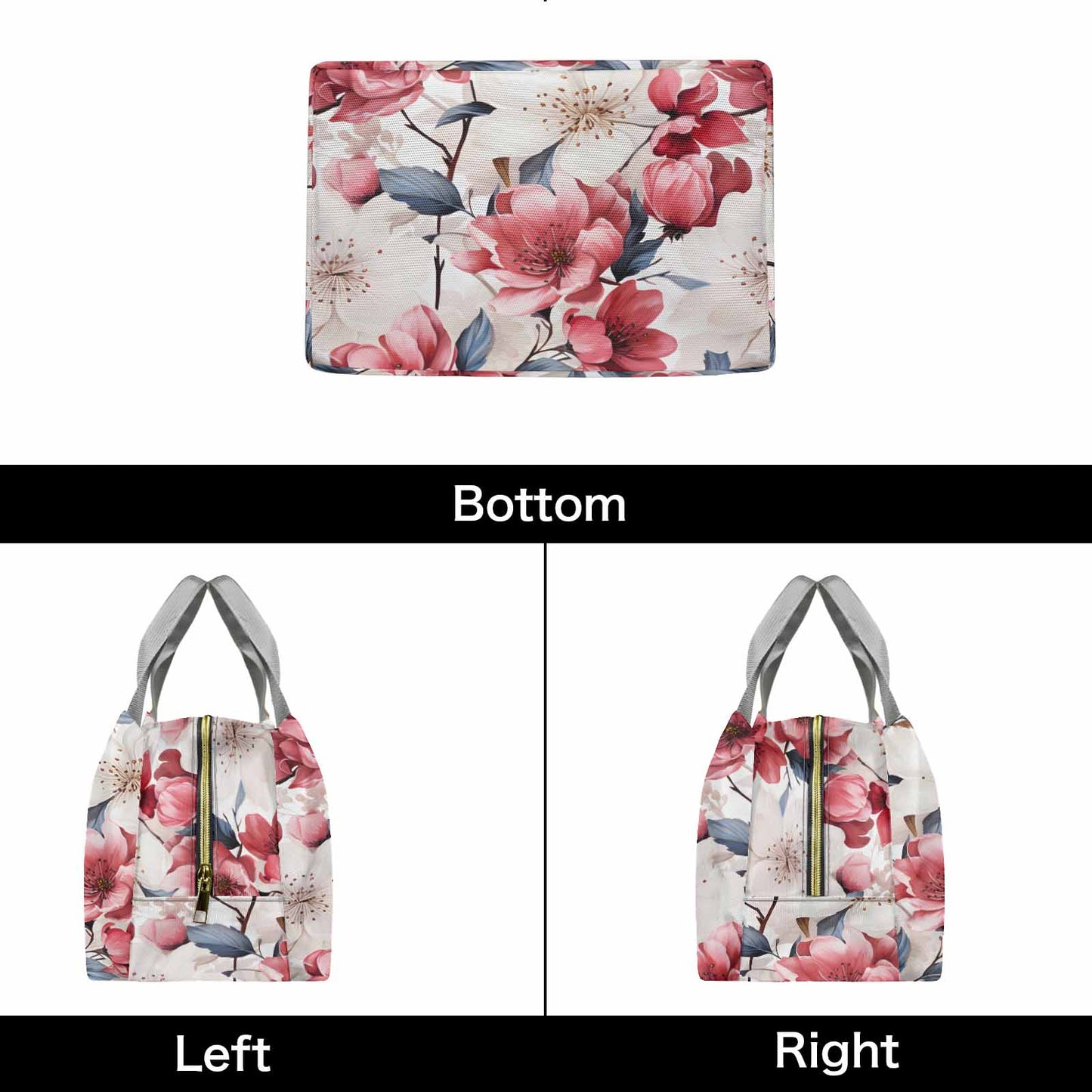 Pink Floral Small  Portable Lunch Bag-Grey Handle