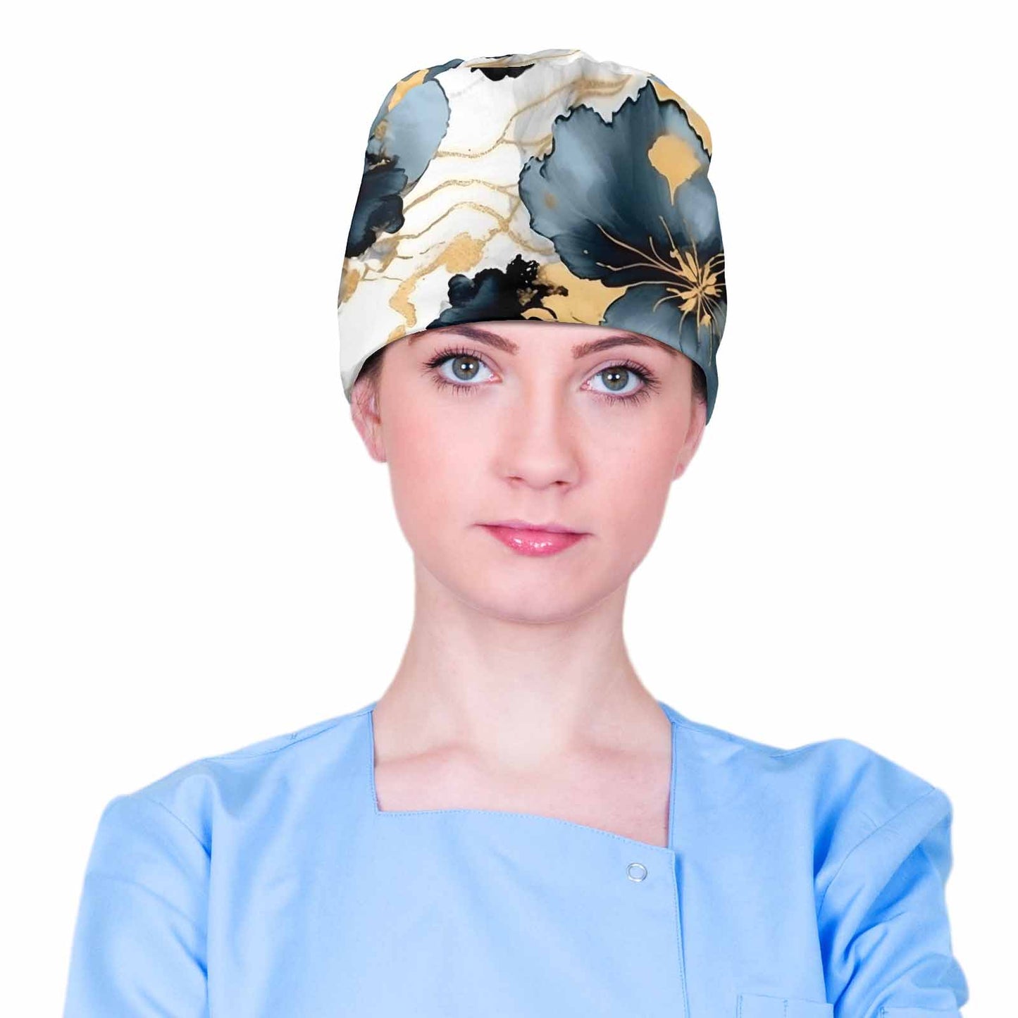 Nurse Scrub Cap Alcohol Ink Blue Floral  Scrub Cap