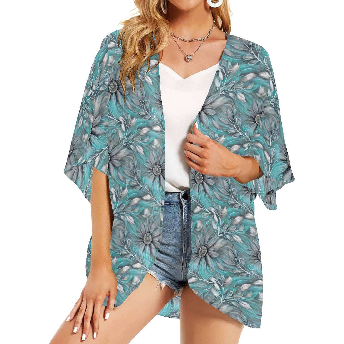 Green Elegant Floral Small Print Women's Kimono Chiffon Cover Up