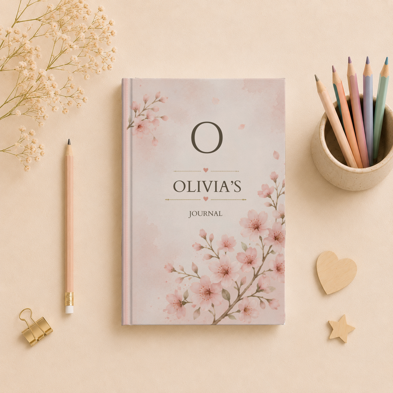 Personalized Floral Journal, Custom Name Notebook, Elegant Pink Blossom Diary, Matte Hardcover, 5.75"x8", Gift for Her