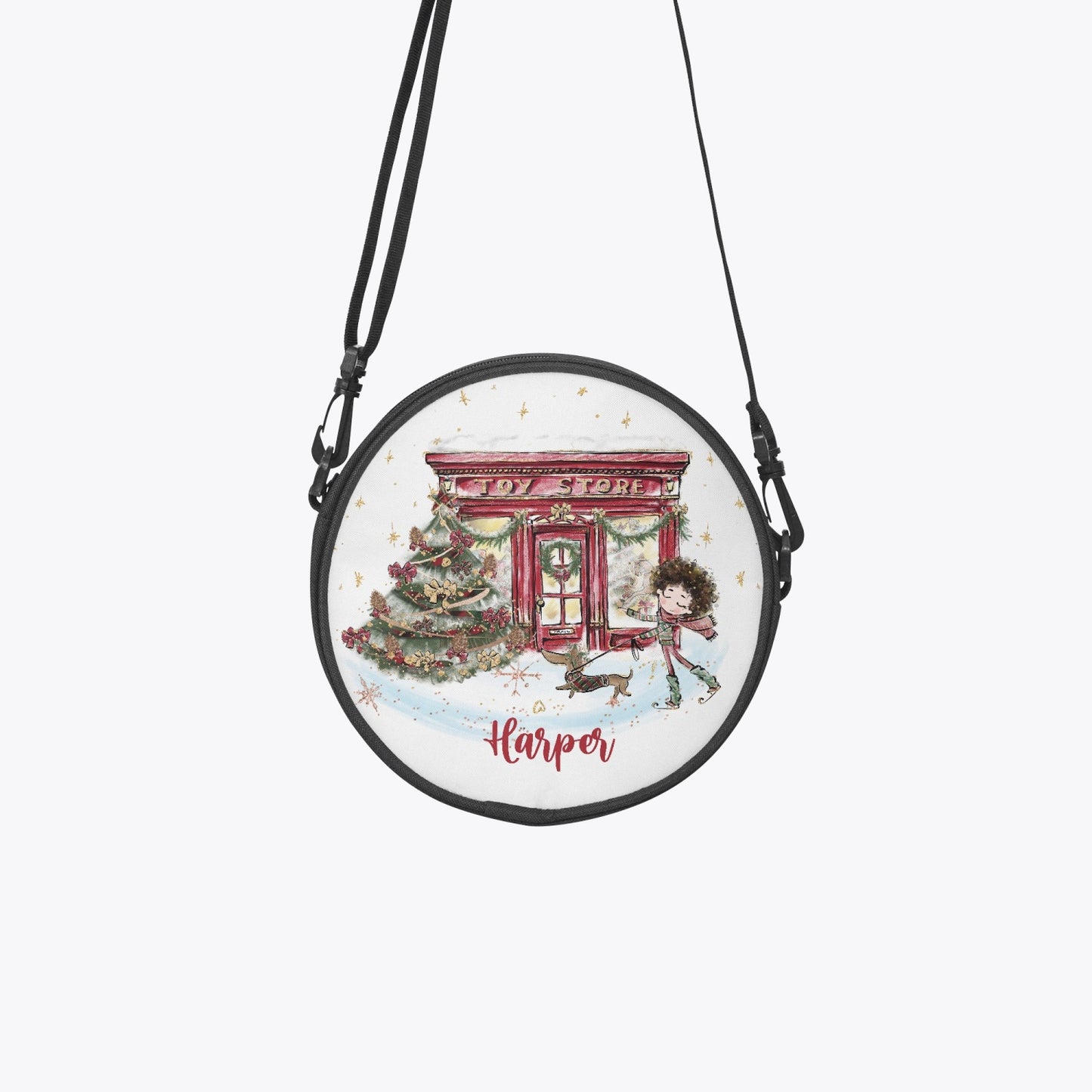 Round Satchel Bag, Christmas Toy Shop, Boy Brunette Hair