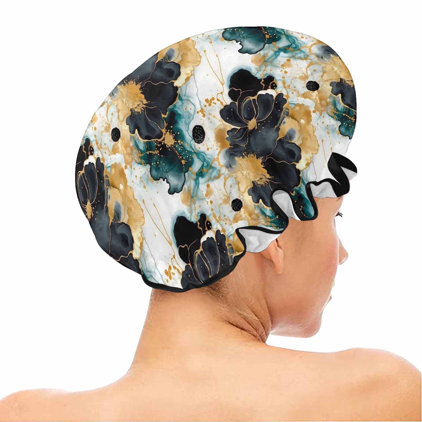 Black Gold & Green Ink Floral  Shower Cap