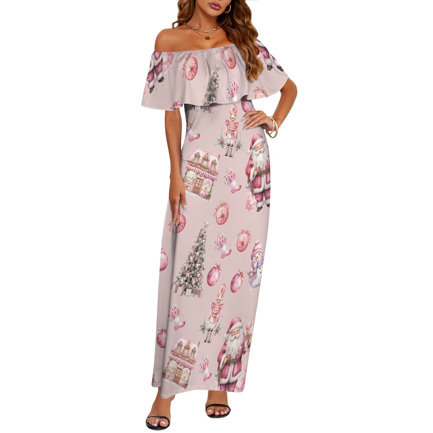 Pink Chirstmas Santa Women's Off Shoulder Ruffle Boat Neck Dress (Model D71)