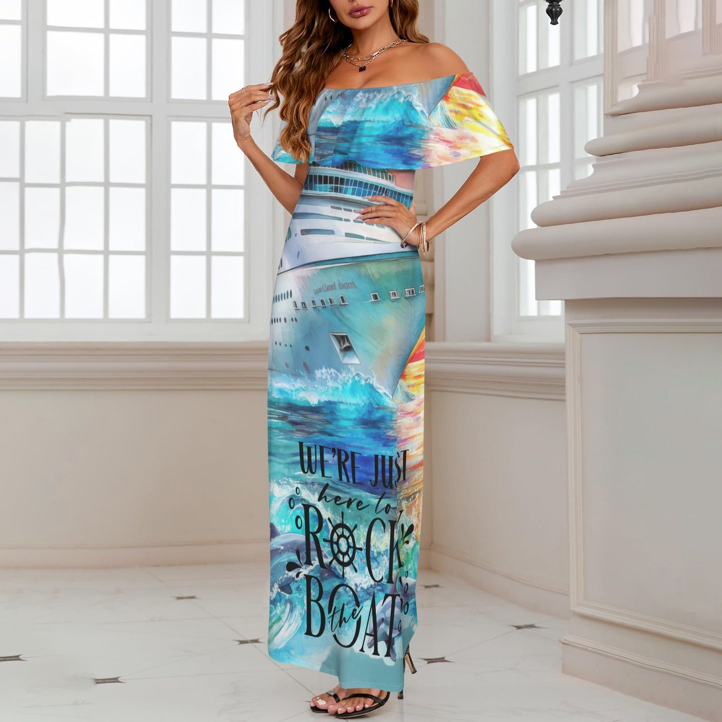 rock the boat Women's Off Shoulder Ruffle Boat Neck Dress (Model D71)