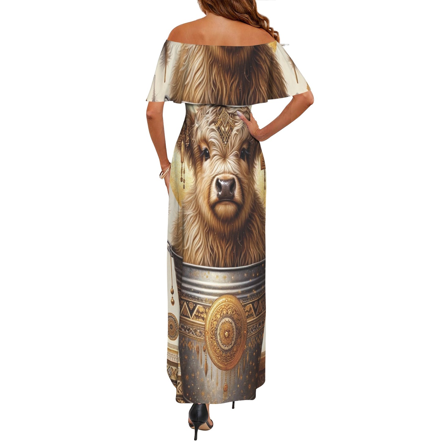 Boho Highland Cow awd705 Women's Off Shoulder Ruffle Boat Neck Dress (Model D71)