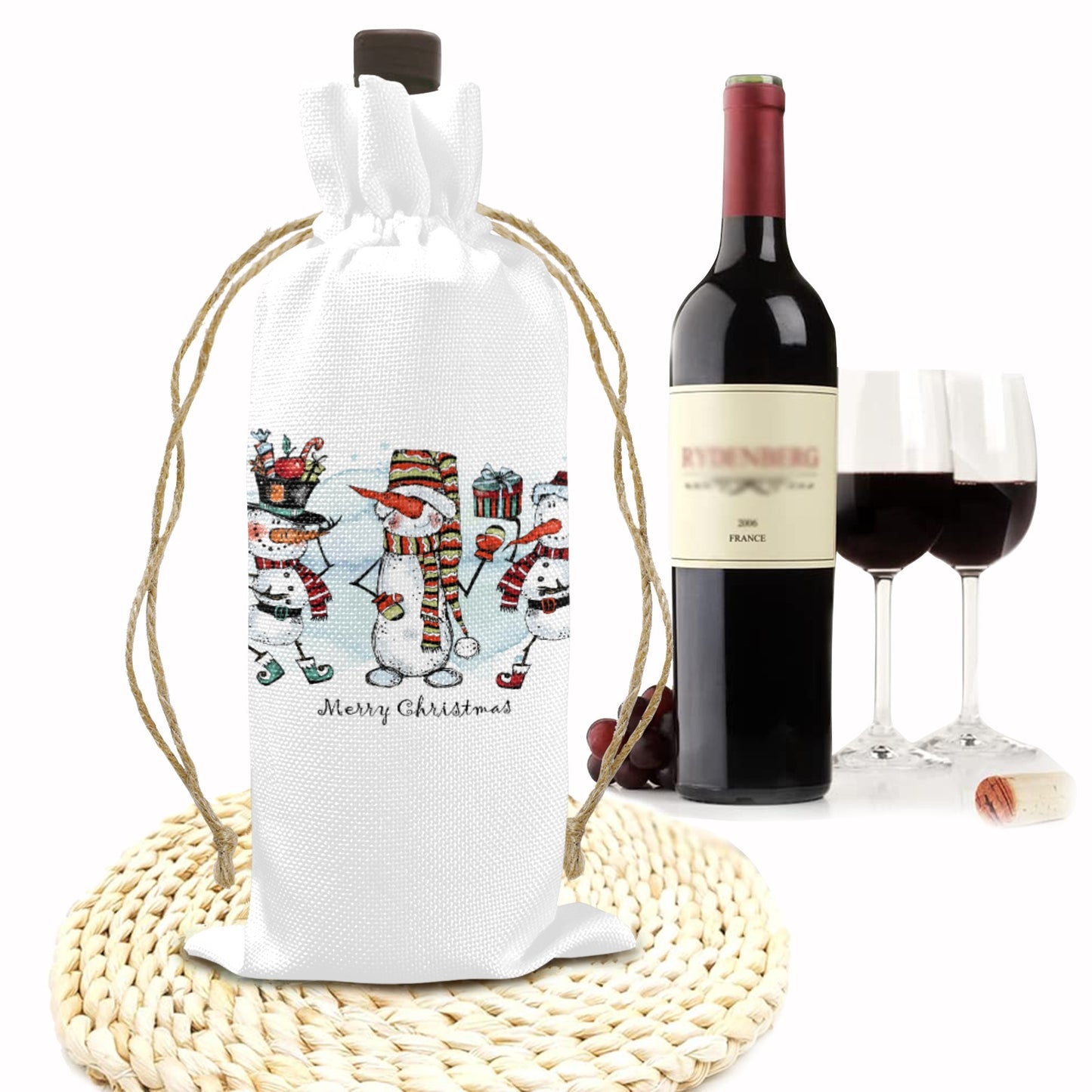 Merry Christmas Whimsical Snowmen Linen Wine Bottle Bag