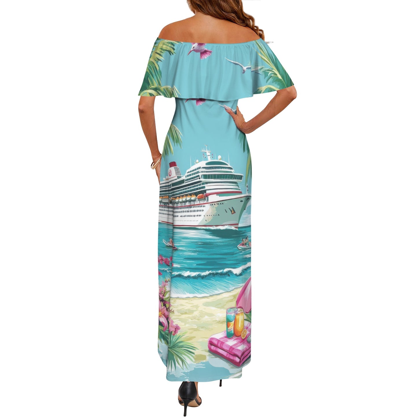 Making memories one cruise at a time-01 Women's Off Shoulder Ruffle Boat Neck Dress (Model D71)