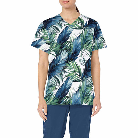 Tropical Leaves Blue and Green   Women's V Neck Scrub Top Nurse Uniform with Deep Front Pockets