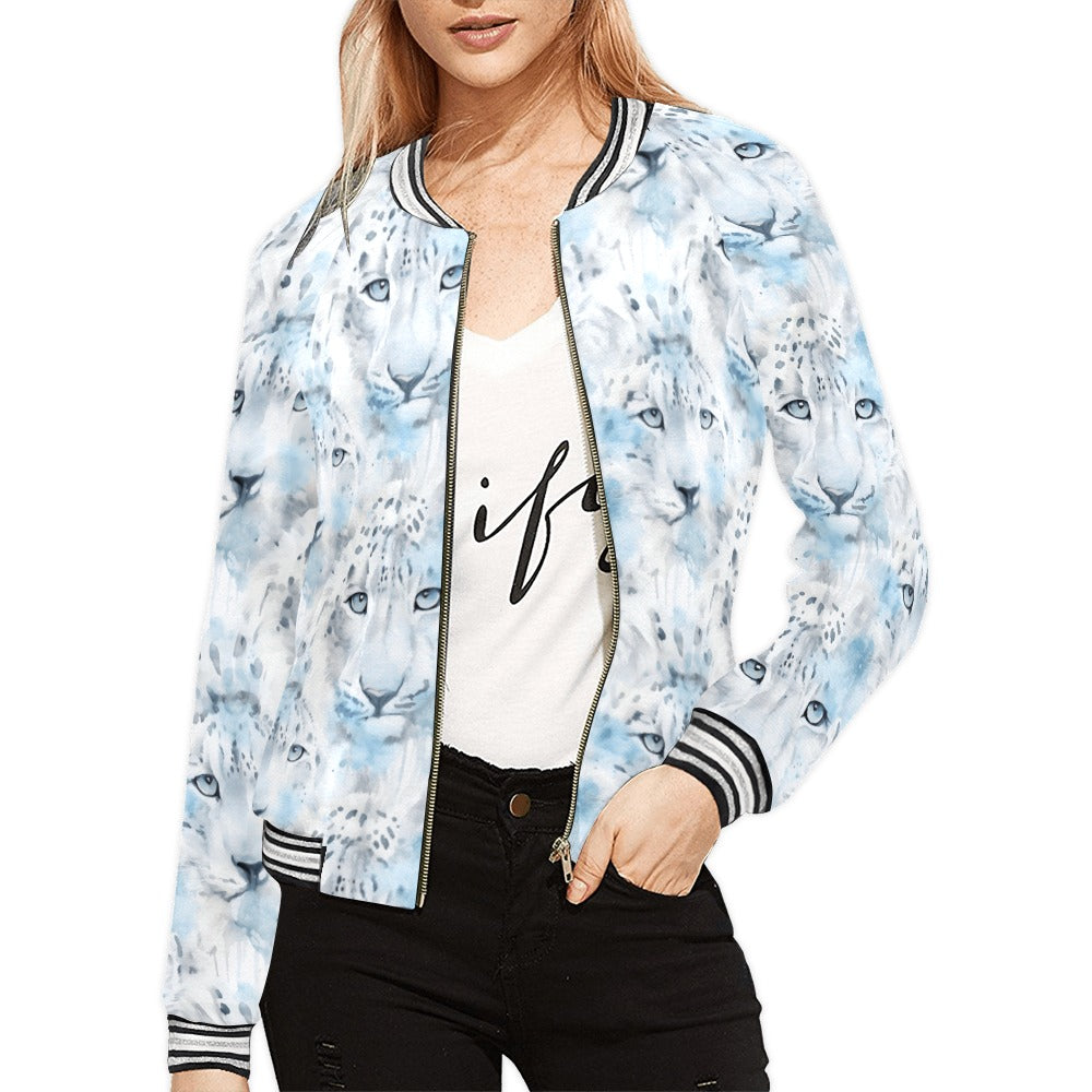 White Leopard Bomber Jacket for Women