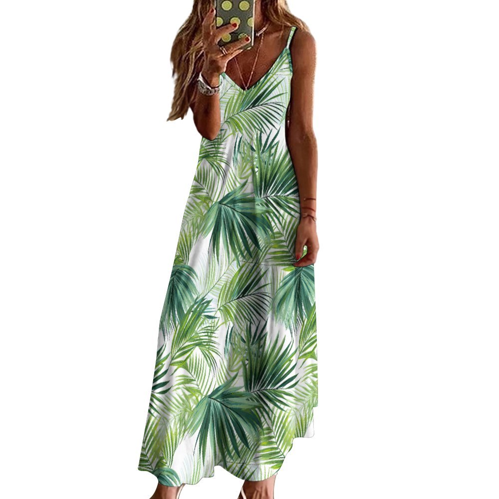 Palm Leaves Green Spaghetti Strap Ankle-Length Dress Long dress