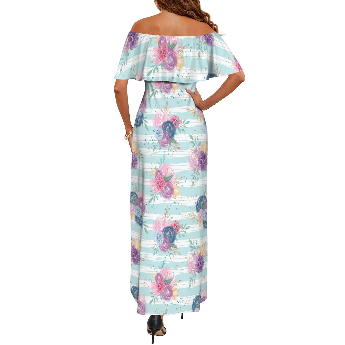 Purple and Pink floral Blue Stripes Women's Off Shoulder Ruffle Boat Neck Dress (Model D71)