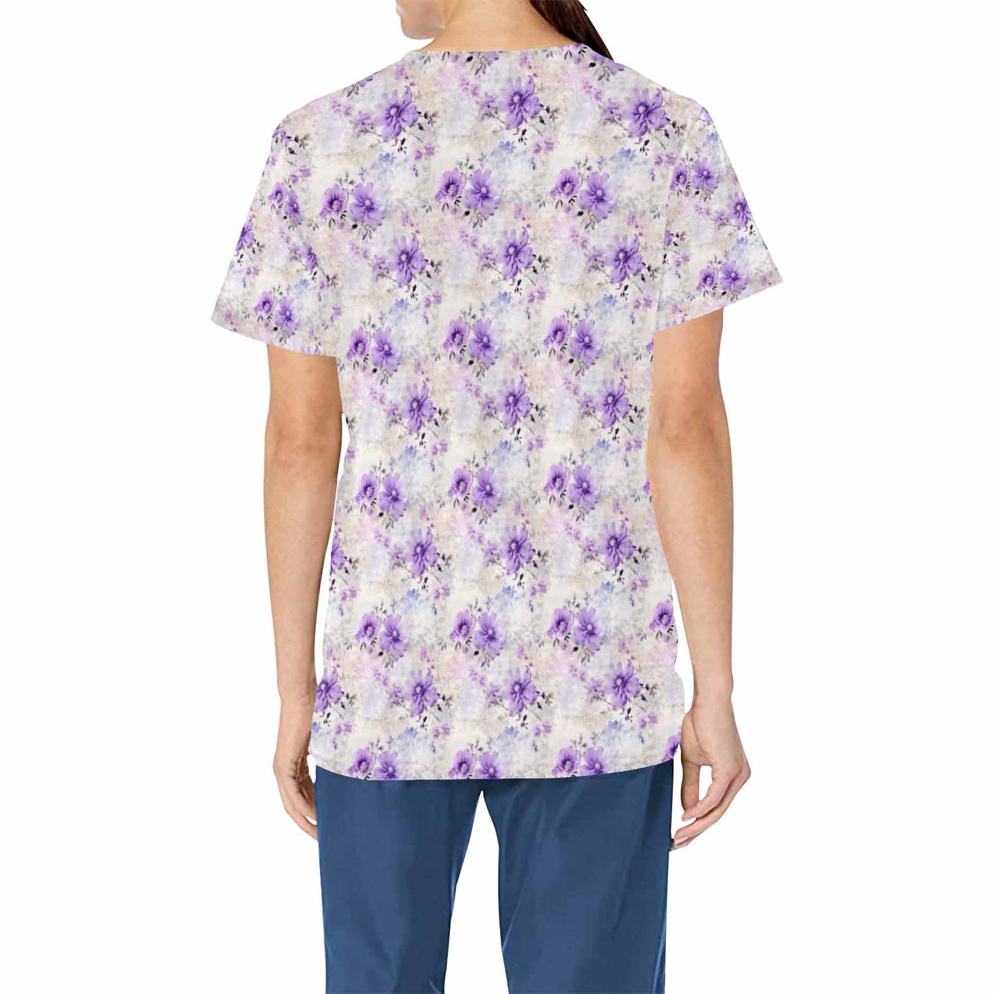 Purple Floral  Women's V Neck Scrub Top Nurse Uniform with Deep Front Pockets