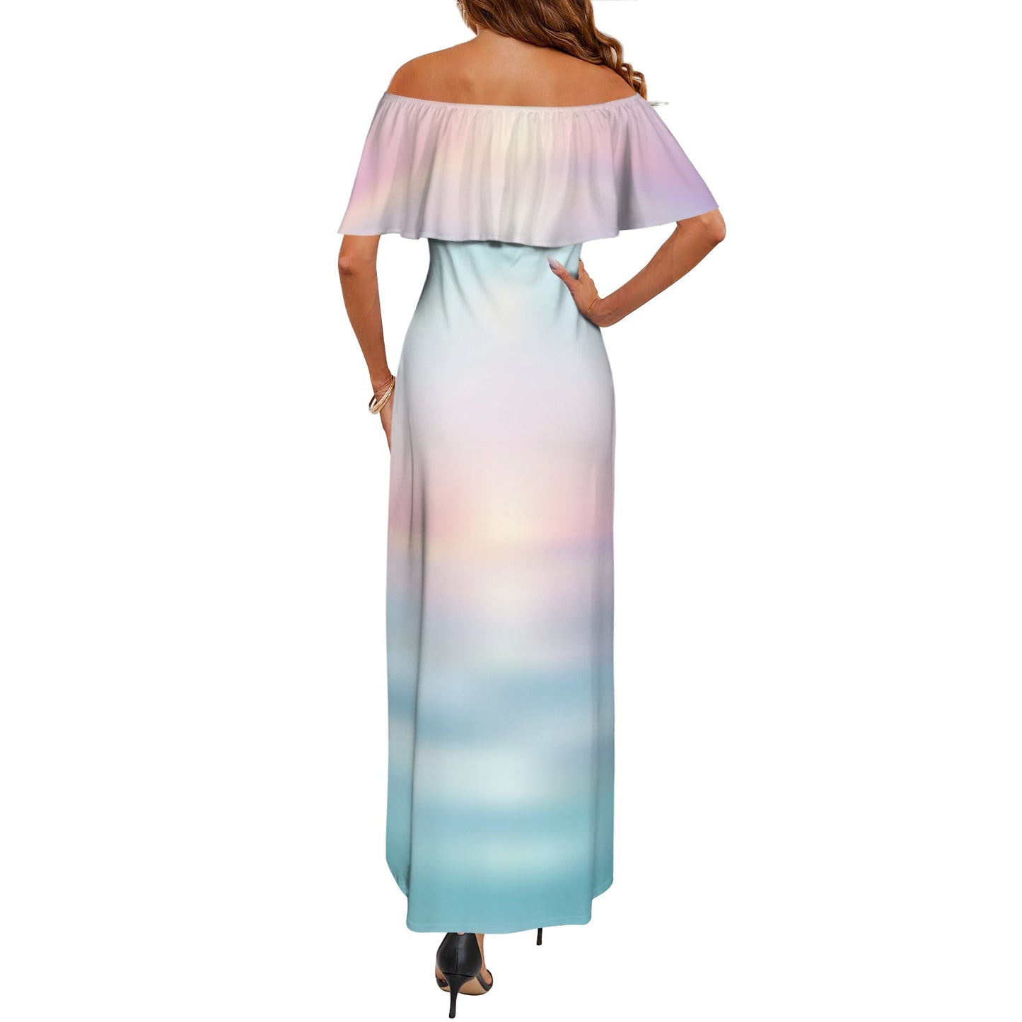 Sea blue sunrise Women's Off Shoulder Ruffle Boat Neck Dress (Model D71)