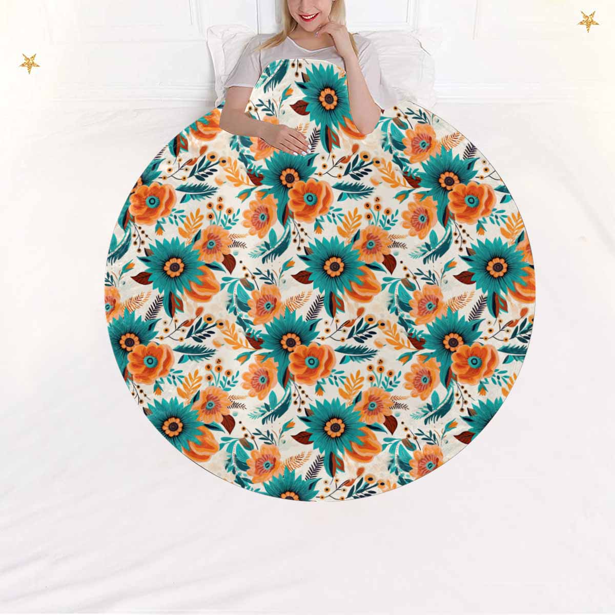 Boho Retro Floral  Circular Micro Fleece Blanket 47"