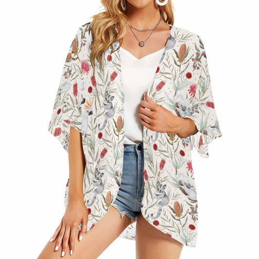 Australian Animals, Koala Cockatoo and Sugar Glider  Women's Kimono Chiffon Cover Up